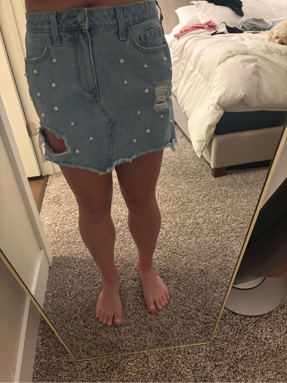 Cello Light Blue Pearl-Embellished Distressed Denim Mini Skirt